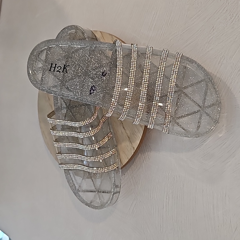 H2K silver glitter jelly rubber flip-flops slipper Sz 9 iridescent stones - Picture 4 of 8